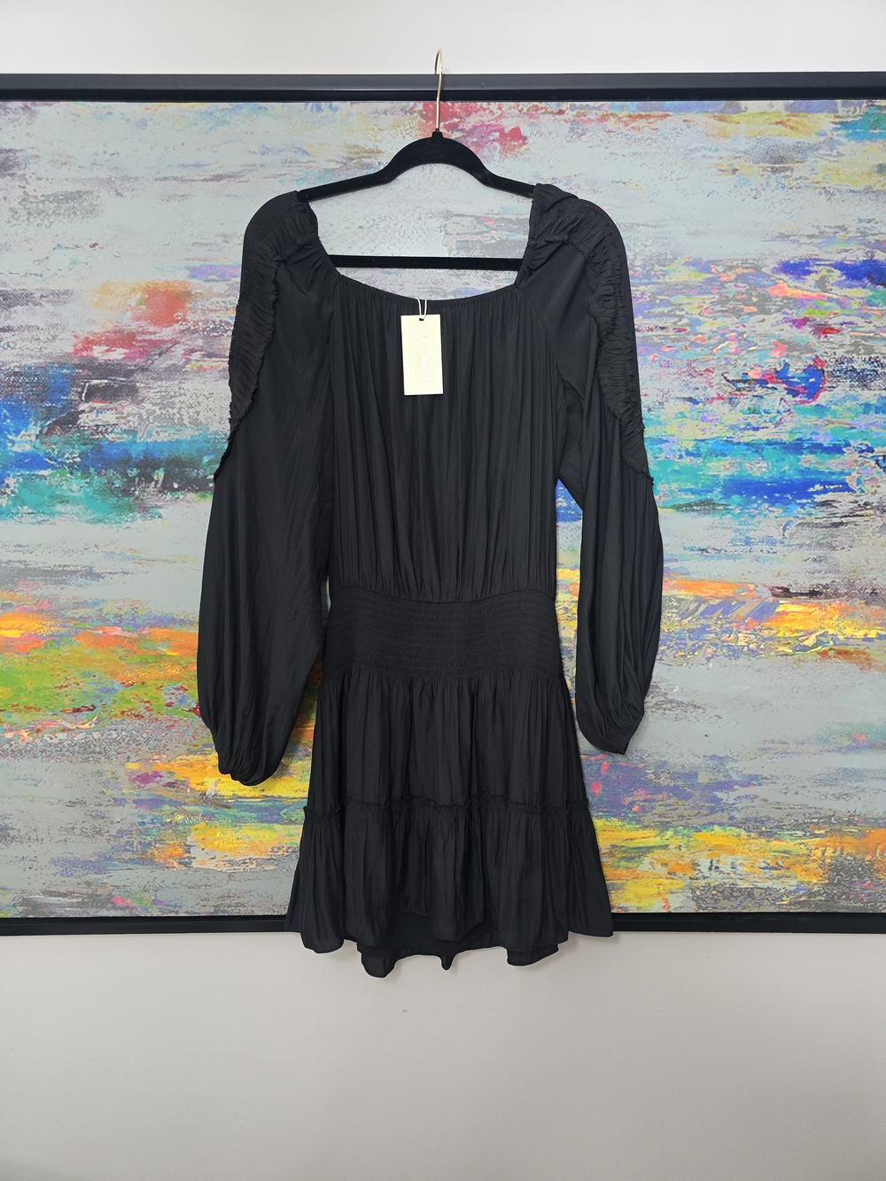 Ramy Brook Silvey Black Smocked Waist Mini Dress Medium NWT